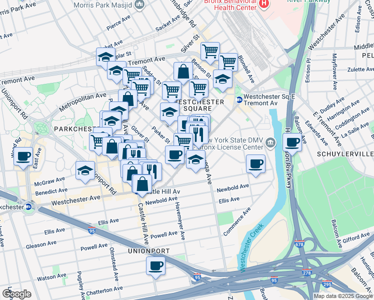 map of restaurants, bars, coffee shops, grocery stores, and more near 1441 Zerega Avenue in Bronx