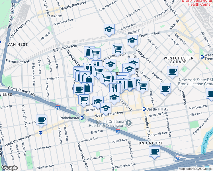 map of restaurants, bars, coffee shops, grocery stores, and more near 1595 Odell Street in Bronx
