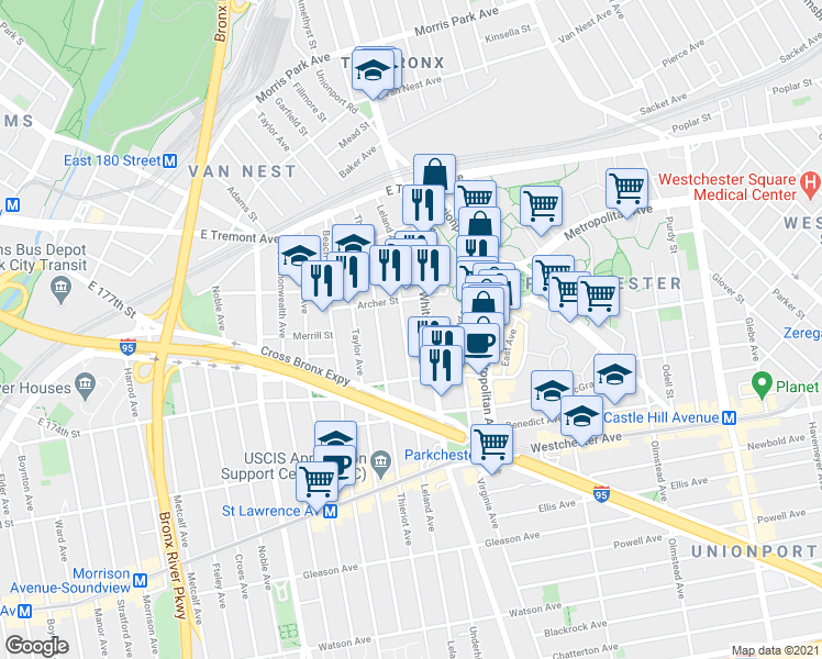 map of restaurants, bars, coffee shops, grocery stores, and more near 1477 Leland Avenue in Bronx
