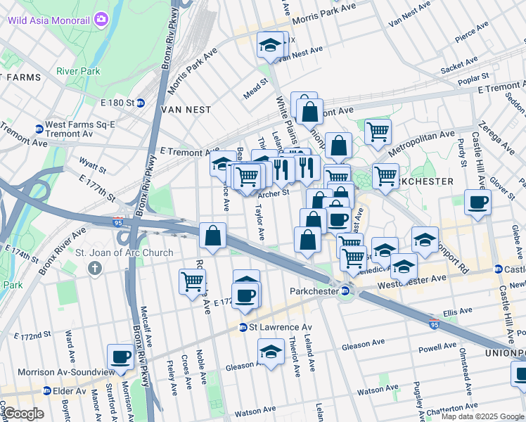 map of restaurants, bars, coffee shops, grocery stores, and more near in The Bronx
