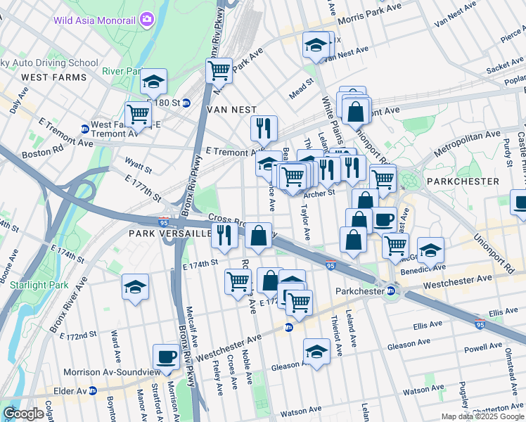 map of restaurants, bars, coffee shops, grocery stores, and more near 1484 Commonwealth Avenue in Bronx