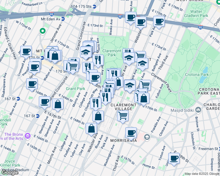 map of restaurants, bars, coffee shops, grocery stores, and more near 1402 Clay Avenue in The Bronx