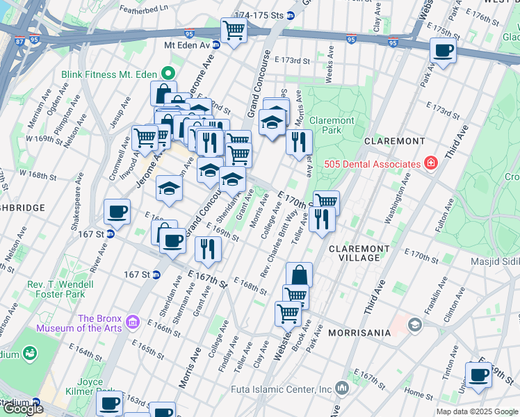 map of restaurants, bars, coffee shops, grocery stores, and more near 1360 Grant Avenue in Bronx