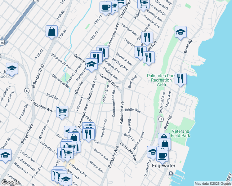 map of restaurants, bars, coffee shops, grocery stores, and more near 1177 Palisade Avenue in Fort Lee