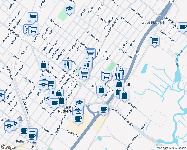 map of restaurants, bars, coffee shops, grocery stores, and more near 418 5th Street in Carlstadt