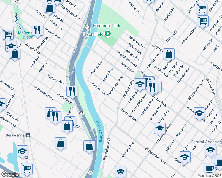 map of restaurants, bars, coffee shops, grocery stores, and more near 40 Hastings Avenue in Rutherford