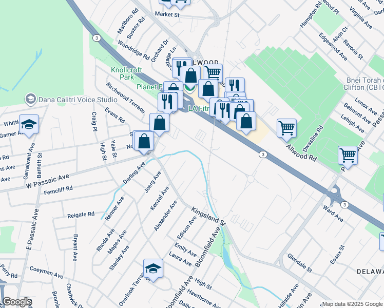 map of restaurants, bars, coffee shops, grocery stores, and more near 1153 Bloomfield Avenue in Clifton