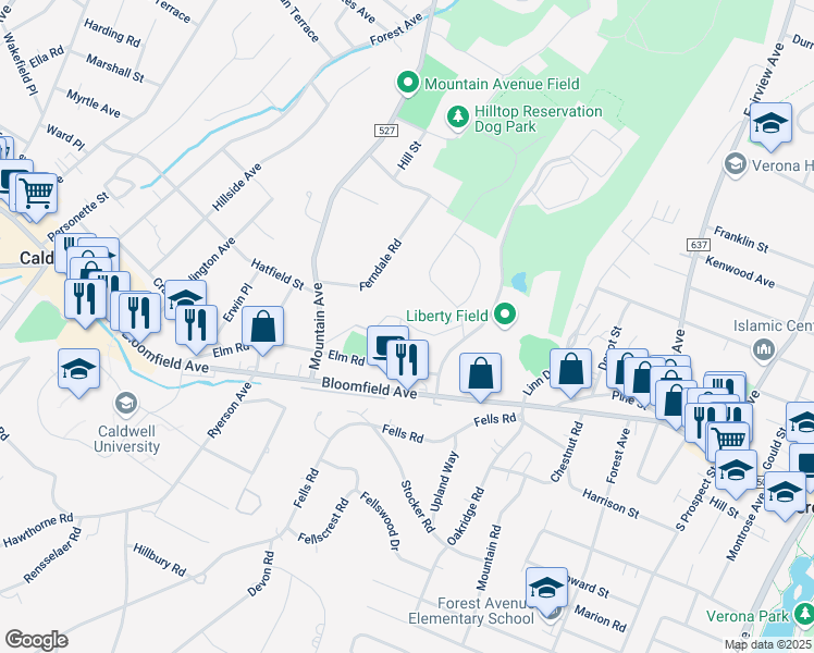 map of restaurants, bars, coffee shops, grocery stores, and more near 81 Four Seasons Drive in North Caldwell