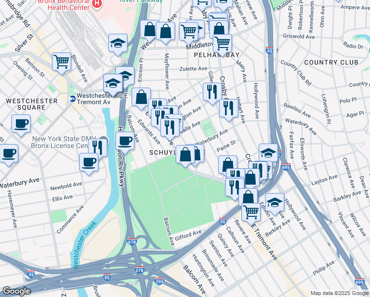 map of restaurants, bars, coffee shops, grocery stores, and more near 1314 Puritan Avenue in Bronx