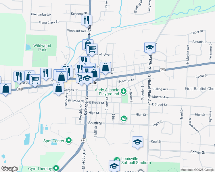 map of restaurants, bars, coffee shops, grocery stores, and more near East Center Court in Louisville