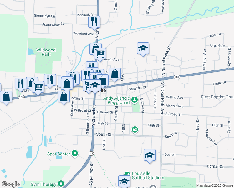 map of restaurants, bars, coffee shops, grocery stores, and more near East Center Court in Louisville