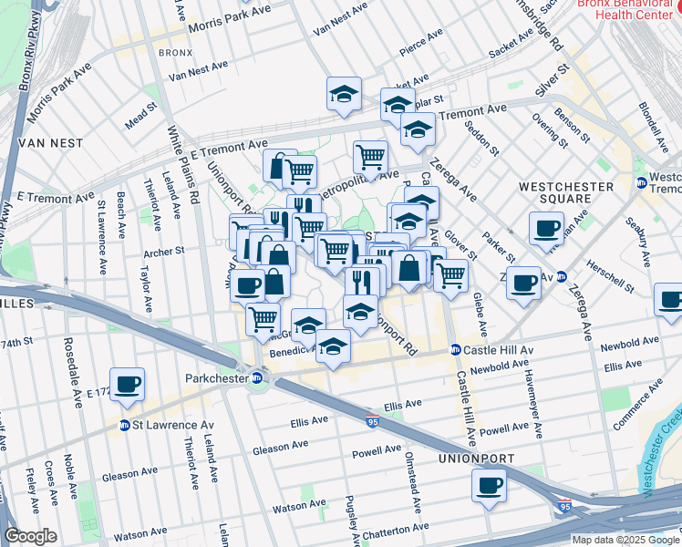 map of restaurants, bars, coffee shops, grocery stores, and more near 1595 Odell Street in Bronx