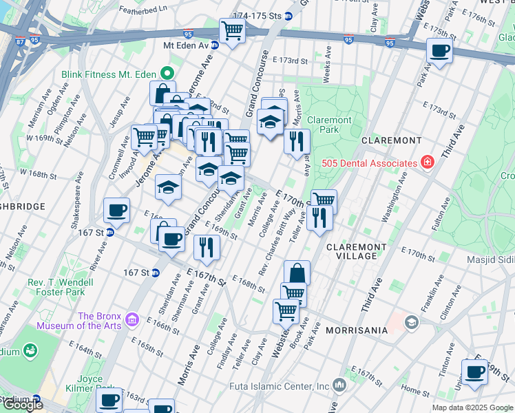 map of restaurants, bars, coffee shops, grocery stores, and more near 1347 Morris Avenue in Bronx