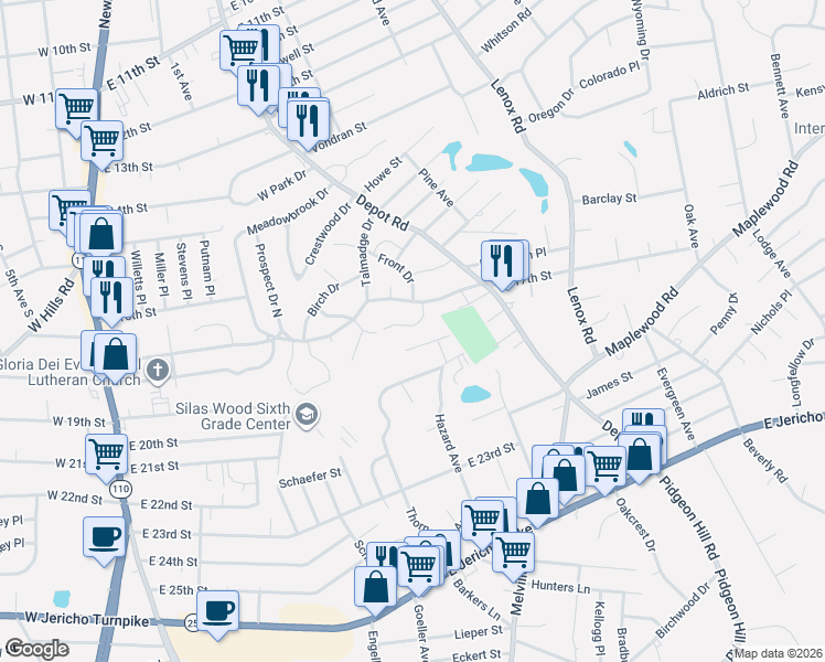 map of restaurants, bars, coffee shops, grocery stores, and more near 10 Stratton Drive in Huntington Station