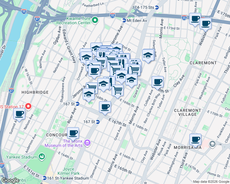 map of restaurants, bars, coffee shops, grocery stores, and more near 1299 Grand Concourse in Bronx