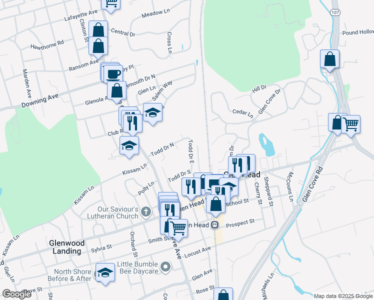 map of restaurants, bars, coffee shops, grocery stores, and more near 58 Todd Drive North in Glen Head