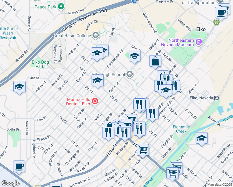 map of restaurants, bars, coffee shops, grocery stores, and more near 800-898 8th Street in Elko