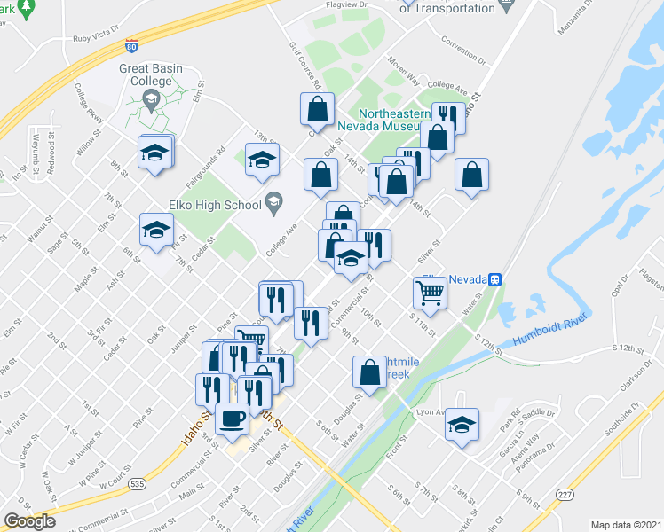 map of restaurants, bars, coffee shops, grocery stores, and more near 1041 Idaho Street in Elko