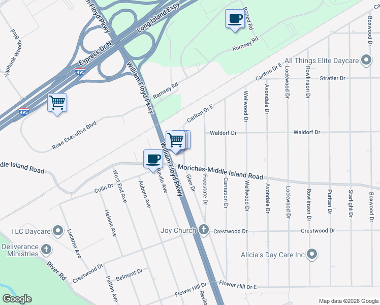 map of restaurants, bars, coffee shops, grocery stores, and more near 465 Glen Drive in Shirley