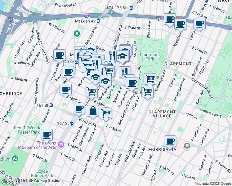 map of restaurants, bars, coffee shops, grocery stores, and more near 1347 Morris Avenue in Bronx