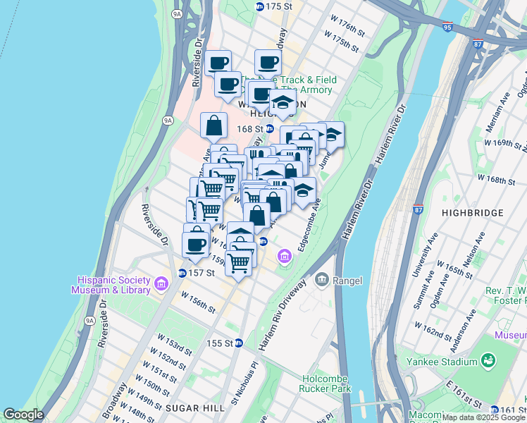 map of restaurants, bars, coffee shops, grocery stores, and more near 509 West 163rd Street in New York