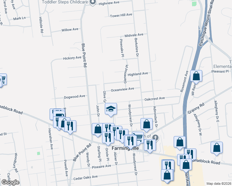 map of restaurants, bars, coffee shops, grocery stores, and more near 37 Oceanview Avenue in Farmingville