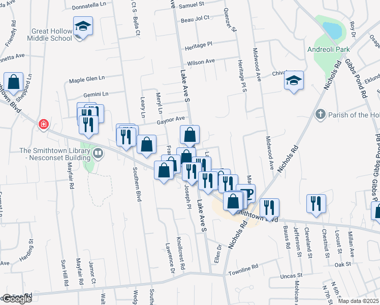 map of restaurants, bars, coffee shops, grocery stores, and more near 19 Dorothy Street in Nesconset