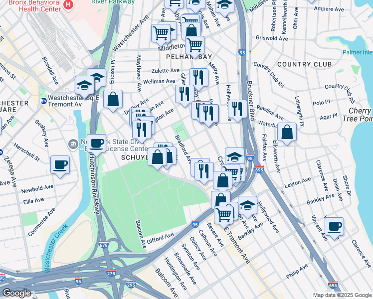 map of restaurants, bars, coffee shops, grocery stores, and more near 1286 Edison Avenue in Bronx