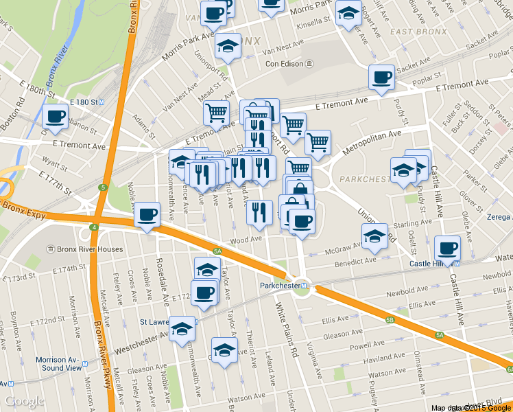 map of restaurants, bars, coffee shops, grocery stores, and more near 1477 Leland Avenue in Bronx