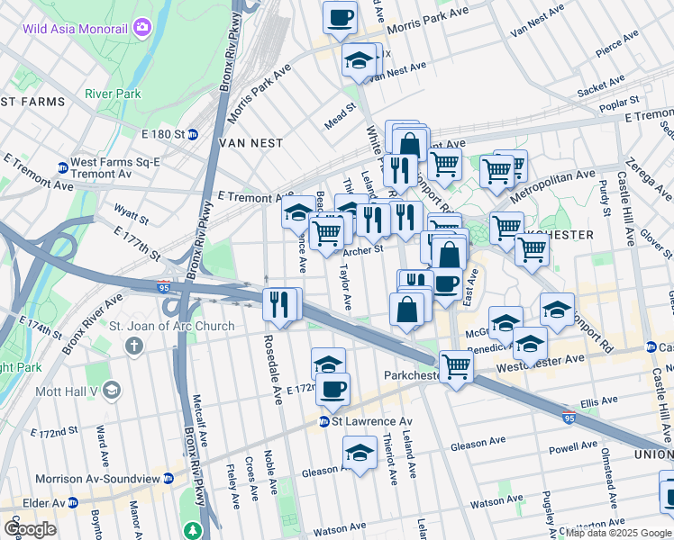 map of restaurants, bars, coffee shops, grocery stores, and more near in The Bronx