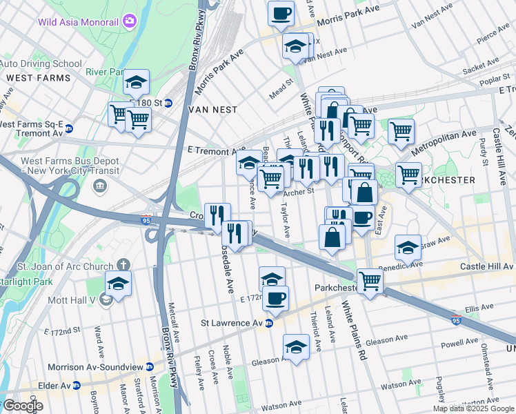 map of restaurants, bars, coffee shops, grocery stores, and more near in The Bronx