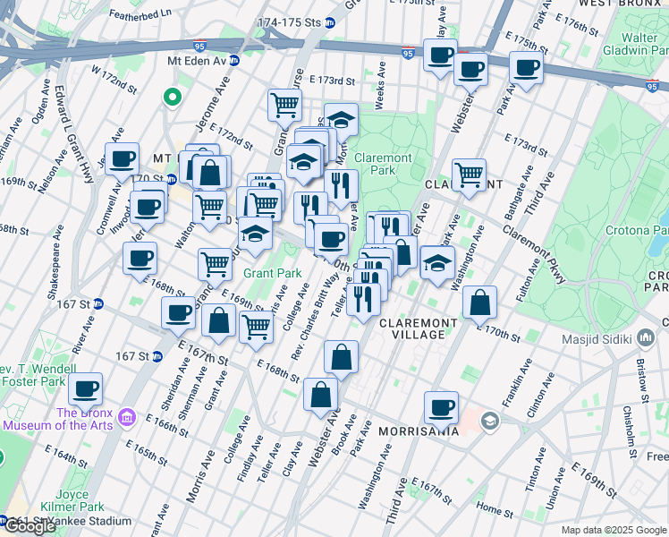map of restaurants, bars, coffee shops, grocery stores, and more near 1401 Teller Avenue in Bronx