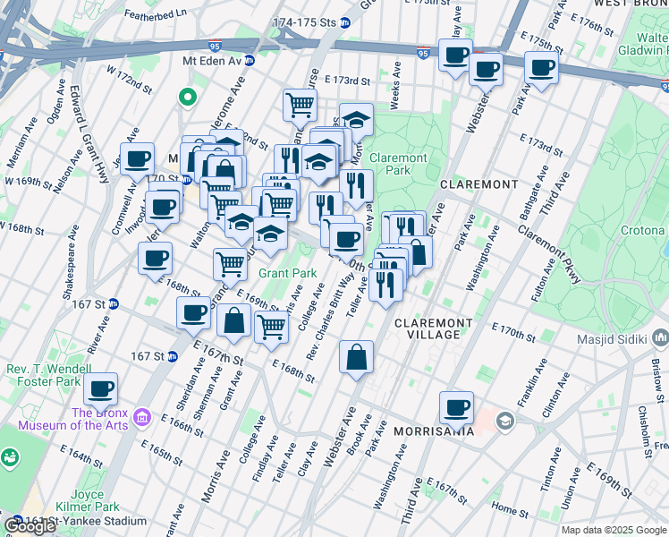 map of restaurants, bars, coffee shops, grocery stores, and more near in The Bronx