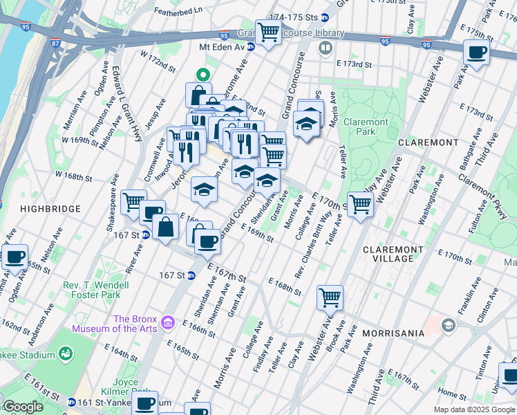 map of restaurants, bars, coffee shops, grocery stores, and more near 1350 Grand Concourse in Bronx