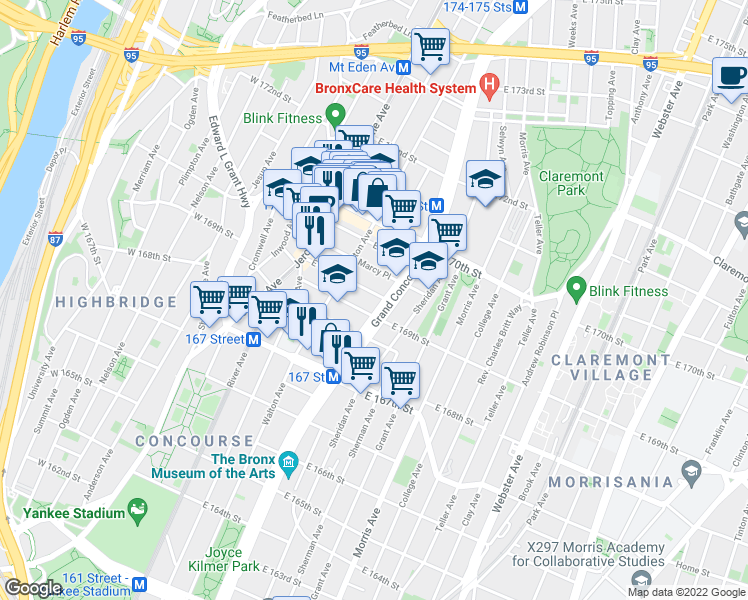 map of restaurants, bars, coffee shops, grocery stores, and more near in The Bronx