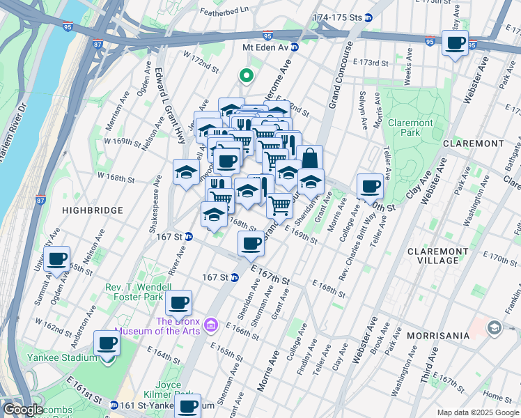 map of restaurants, bars, coffee shops, grocery stores, and more near 108 East Clarke Place in Bronx