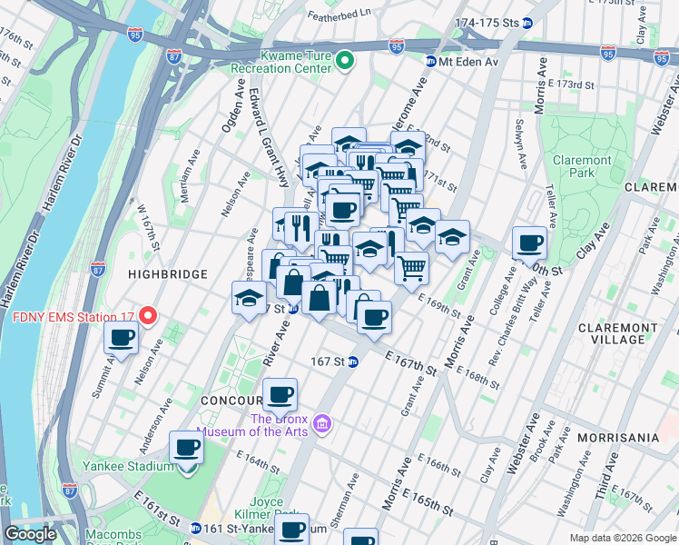 map of restaurants, bars, coffee shops, grocery stores, and more near 31 East 169th Street in Bronx