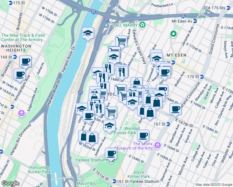 map of restaurants, bars, coffee shops, grocery stores, and more near 1193 Nelson Avenue in The Bronx