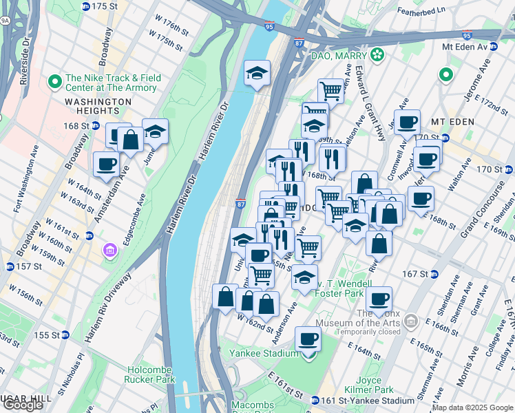 map of restaurants, bars, coffee shops, grocery stores, and more near 1135 University Avenue in The Bronx