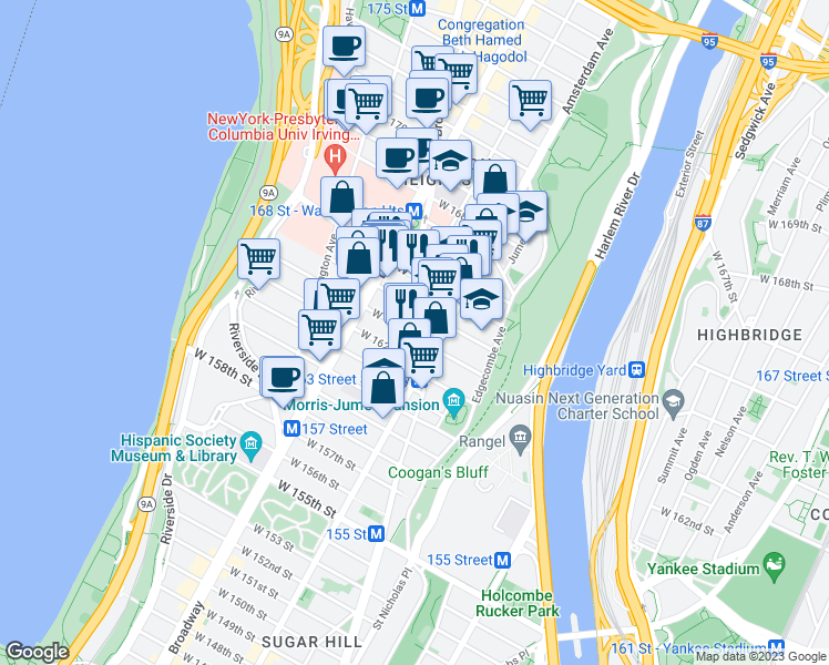map of restaurants, bars, coffee shops, grocery stores, and more near 509 West 163rd Street in New York