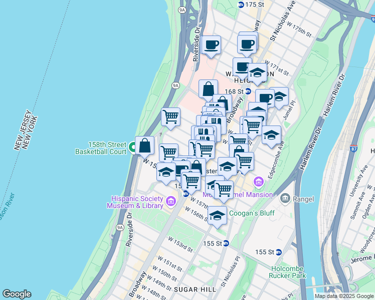 map of restaurants, bars, coffee shops, grocery stores, and more near 66 Fort Washington Avenue in New York