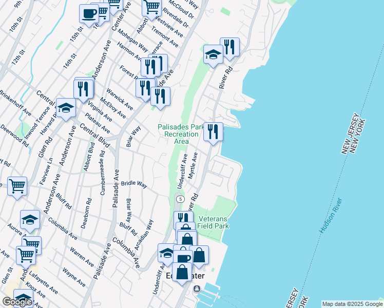 map of restaurants, bars, coffee shops, grocery stores, and more near 650 Undercliff Avenue in Edgewater