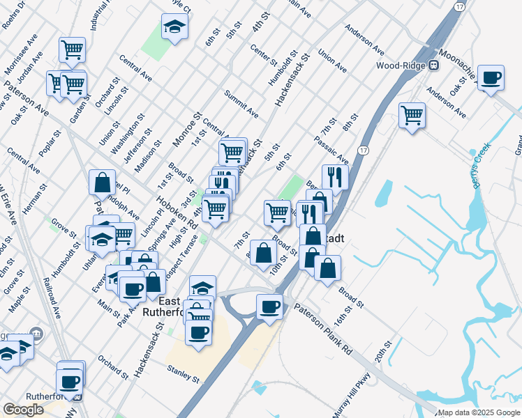 map of restaurants, bars, coffee shops, grocery stores, and more near 425 6th Street in Carlstadt