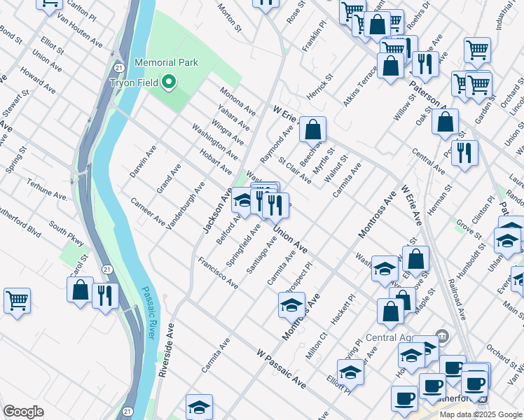 map of restaurants, bars, coffee shops, grocery stores, and more near 22 Wells Place in Rutherford
