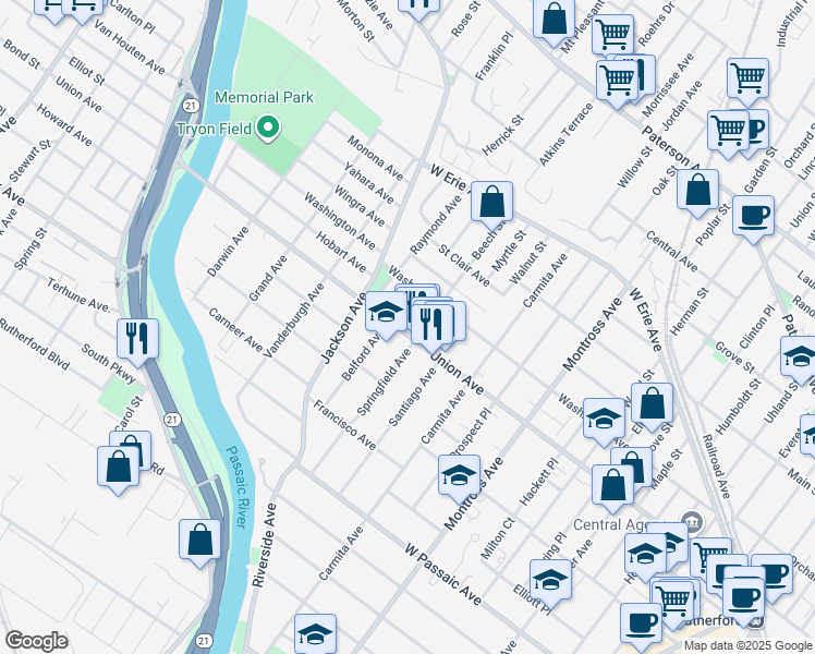 map of restaurants, bars, coffee shops, grocery stores, and more near 22 Wells Place in Rutherford