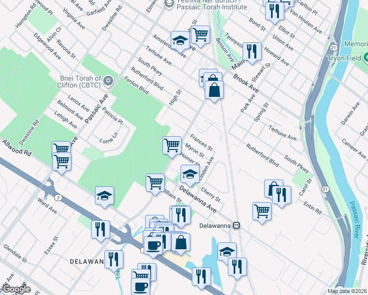 map of restaurants, bars, coffee shops, grocery stores, and more near 334 Main Avenue in Clifton