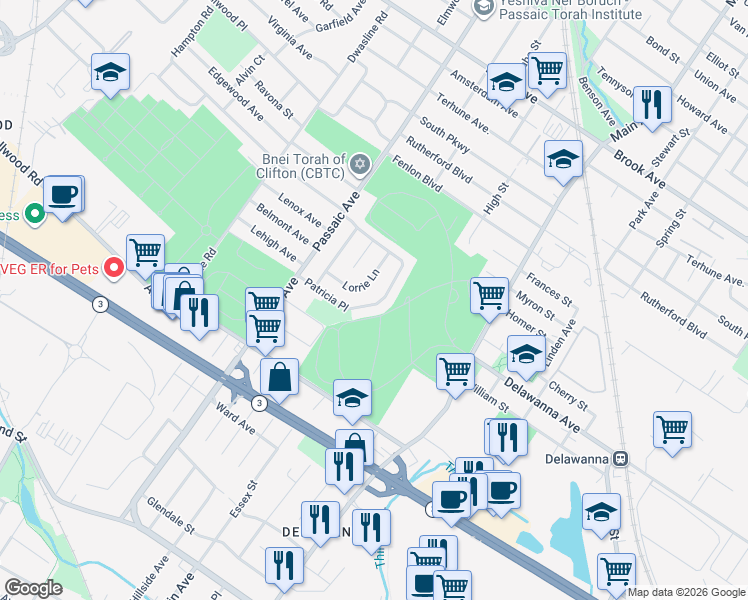 map of restaurants, bars, coffee shops, grocery stores, and more near 35 Lorrie Lane in Clifton