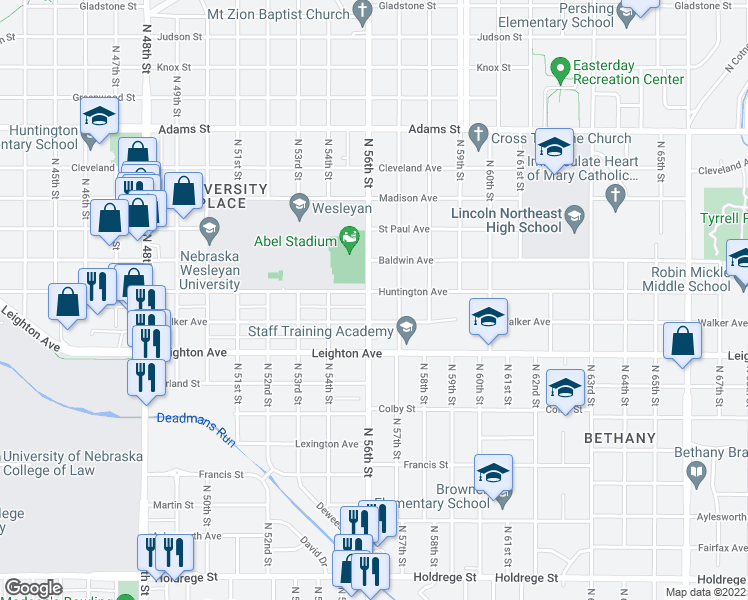 map of restaurants, bars, coffee shops, grocery stores, and more near 5618 Huntington Avenue in Lincoln