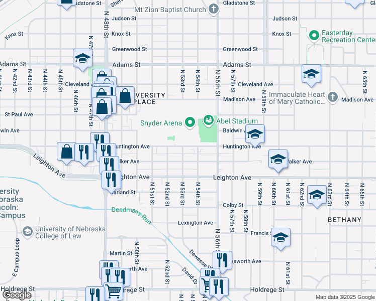 map of restaurants, bars, coffee shops, grocery stores, and more near 5300 Huntington Avenue in Lincoln