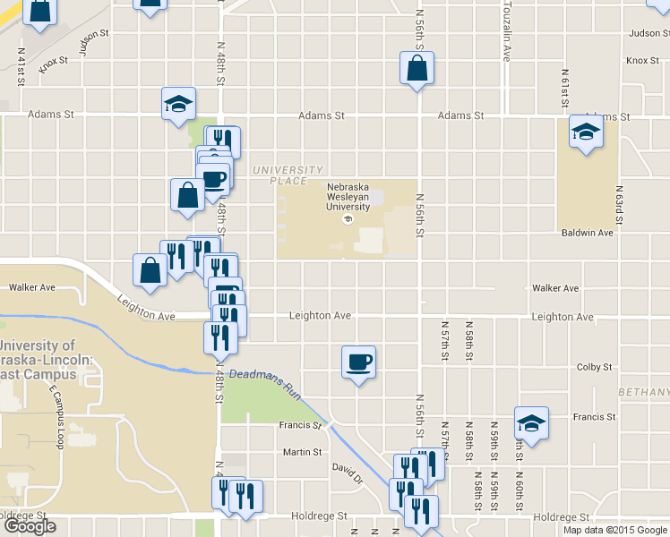 map of restaurants, bars, coffee shops, grocery stores, and more near 5240 Huntington Avenue in Lincoln